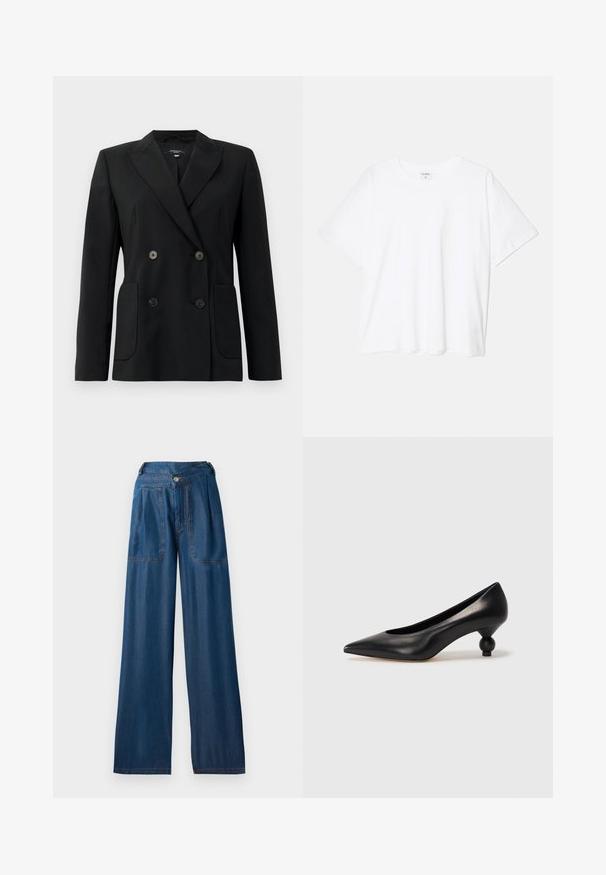 Svart dubbelknäppt blazer i strukturerad tyg, med snedskärning på slag, två framfickor och fyra svarta knappar.; Vit bomull t-shirt med kort ärm, rund halsringning, avslappnad passform och söm i nederkant. Etikett synlig på insidan av halsen.; Mörkblå vida jeans i denim, med två framfickor, knappproppning och kontrasterande orange sömnadsdetaljer.; Svart läderhögklackad sko med spetsig tå och rund, bollformad klack. Slät yta med en elegant, minimalistisk design.