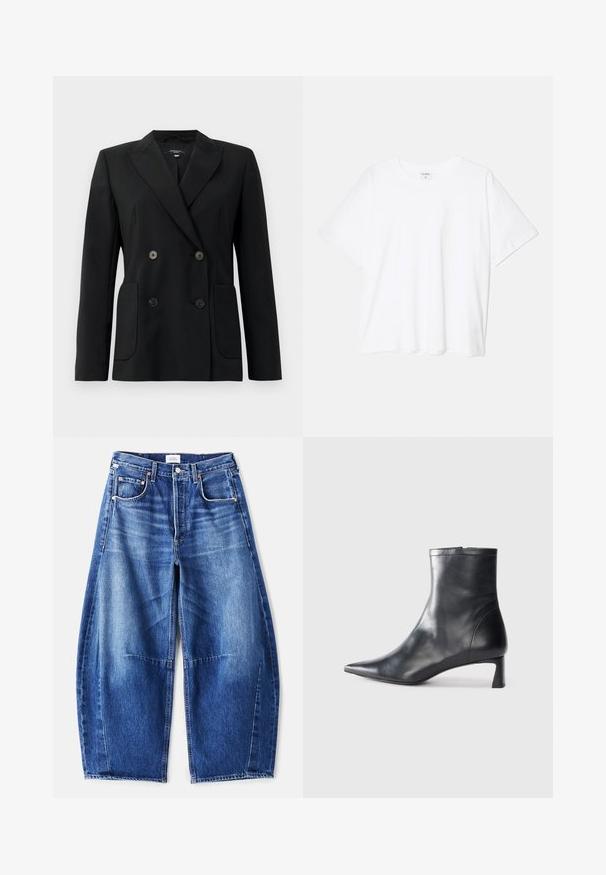 Juodas dvigubas švarkas, pagamintas iš struktūruotos medžiagos, su išpjautomis atlapomis, dviem priekinėmis kišenėmis ir taisyklingais juodais mygtukais.; Balta medvilnės marškinėliai trumpomis rankovėmis, apvalia iškirpte, laisvo kirpimo ir su siūtu kraštu. Etiketė matoma vidinėje iškirptės pusėje.; Plati mėlynos džinsinės kelnės su išblukusiu paviršiumi, turinčios penkis kišenes, varinius veržles ir užtrauktuką. Audinys yra tekstūruotas ir tvirtas.; Juodas odinis kulkšninis batas su smailiu pirštu ir elegantišku dizainu. Turi žemą kulną ir užtrauktuką gale. Lygi tekstūra.