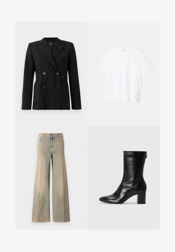 Blazer negru cu două rânduri de nasturi, realizat dintr-un material structurat, având rever cu decupaj, două buzunare frontale și patru nasturi negri.; Tricou alb din bumbac, cu mâneci scurte, guler rotund, croi lejer și tiv cusut. Eticheta este vizibilă pe interiorul gulerului.; Blugi largi de culoare albastru deschis, din denim. Au o talie înaltă, buzunare frontale și un model de cusătură distinctiv pe picioare.; Botină din piele neagră, cu vârf ascuțit și toc bloc de 4 cm. Design elegant, cu un fermoar lateral pentru o îmbrăcare ușoară. Textură netedă.