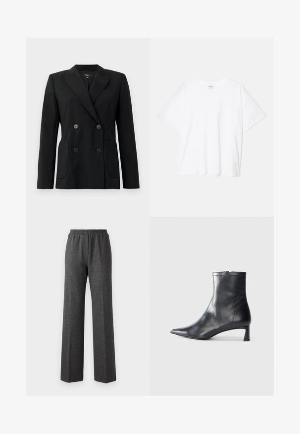 Sort dobbeltradet blazer lavet af struktureret stof, med klapkrave, to forlommer og fire sorte knapper.; Hvid bomulds-t-shirt med korte ærmer, rund halsudskæring, afslappet pasform og stitched søm. Mærket er synligt indeni halsen.; Grå tekstureret bukser med brede ben og elastisk talje, der har et subtile hørhårede mønster. Blødt stof med en afslappet pasform.; Sort læder ankelstøvle med spids tå og et strømlinet design. Har en lav hæl og en lynlås lukning bagpå. Glat tekstur.