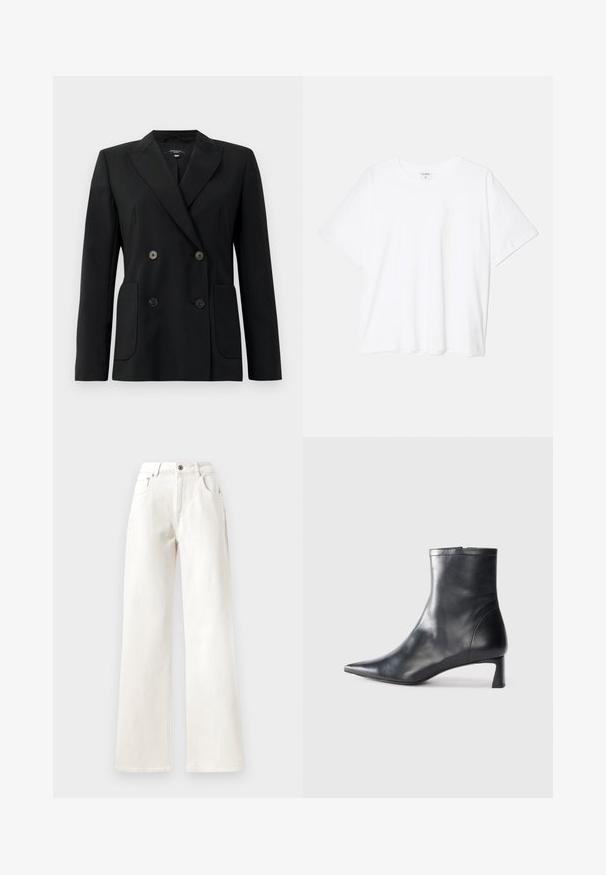 Blazer preto de dupla face feito de tecido estruturado, apresentando lapelas com corte em notch, dois bolsos frontais e quatro botões pretos.; T-shirt de algodão branco com mangas curtas, decote redondo, corte descontraído e bainha cosida. Etiqueta visível no interior do pescoço.; Calças largas brancas em denim, com fecho de botão, passadores de cinto e design de cinco bolsos. Textura suave com costura visível.; Bota de tornozelo em pele preta com biqueira apontada e um design elegante. Apresenta um salto baixo e um fecho com zipper na parte de trás. Textura suave.