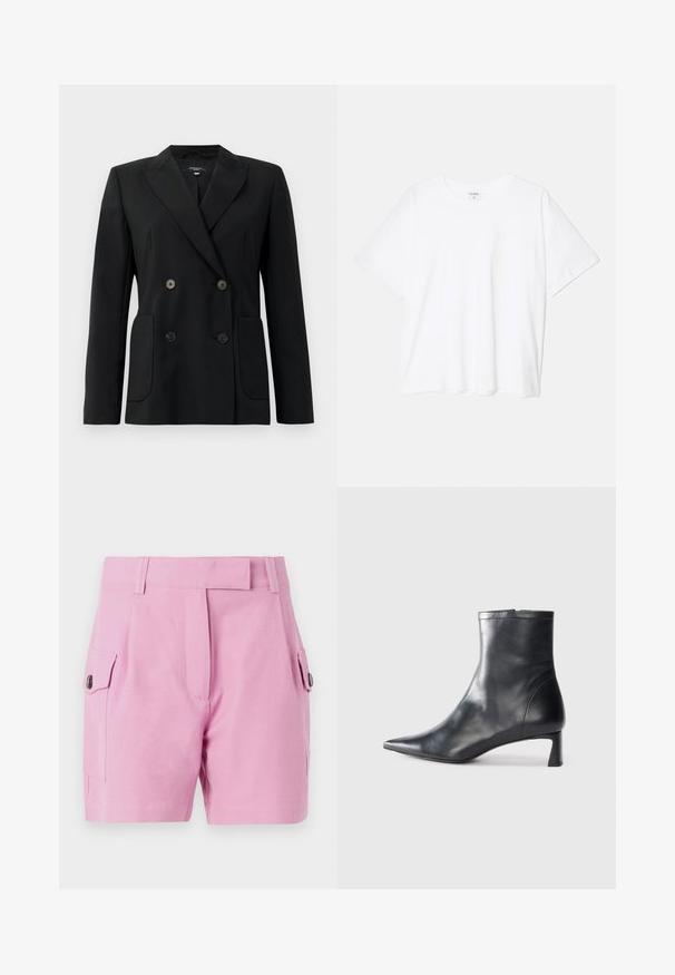 Črn dvoredni blazer iz strukturirane tkanine, z ovratnikom tipa notch, dvema sprednjima žepoma in štirimi črnimi gumbi.; Bela bombažna majica s kratkimi rokavi, okroglim izrezom, sproščenim krojem in šivanim robom. Oznaka vidna na notranji strani izreza.; Svetlo roza kratke hlače z oblikovanim krojem, ravnim sprednjim delom, stranskimi žepi z gumbi in gladko teksturo tkanine.; Črne usnjene gležnjarje s šiljastim nosom in elegantnim dizajnom. Imajo nizko peto in zadrgo na zadnji strani. Gladka tekstura.