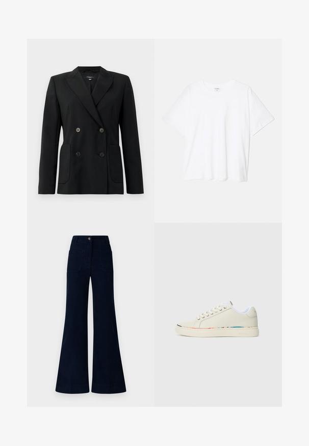 Blazer preto de dupla face feito de tecido estruturado, apresentando lapelas com corte em notch, dois bolsos frontais e quatro botões pretos.; T-shirt de algodão branco com mangas curtas, decote redondo, corte descontraído e bainha cosida. Etiqueta visível no interior do pescoço.; Jeans azul-marinho com corte boca de sino e cintura média, apresentando dois bolsos traseiros e fecho de botão. Feitos de denim com uma textura suave.; Sapatilha de cano baixo em off-white com design de atacadores, forro interior branco e detalhes discretos em várias cores ao longo da borda da sola, vista lateral.