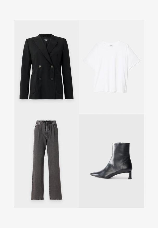 Crni dvostruki sako od čvrstog materijala, s reverima, dva prednja džepa i četiri crna dugmeta.; Bijela pamučna majica s kratkim rukavima, okruglim izrezom, opuštenim krojem i šivenim rubom. Etiketa je vidljiva na unutarnjoj strani vrata.; Šire traperice od sive denimske tkanine s pojasom na vezanje i prednjim džepovima, izrađene od mekog i čvrstog pamučnog materijala.; Crne kožne gležnjače s uskim vrhom i elegantnim dizajnom. Imaju niski potpetak i zatvaranje na patentni zatvarač straga. Glatka tekstura.