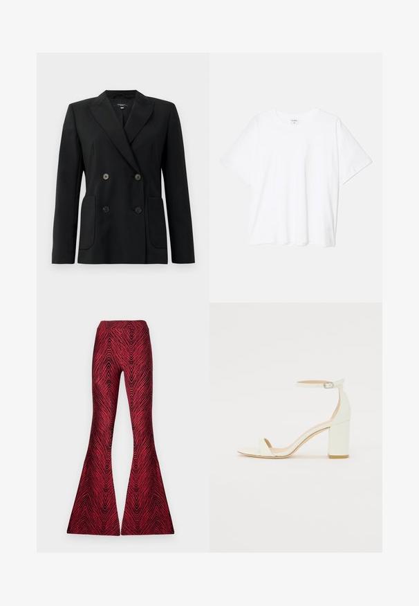 Crni dvostruki sako od čvrstog materijala, s reverima, dva prednja džepa i četiri crna dugmeta.; Bijela pamučna majica s kratkim rukavima, okruglim izrezom, opuštenim krojem i šivenim rubom. Etiketa je vidljiva na unutarnjoj strani vrata.; Stieglitz MISO FLARED LEGGINGS - Tajice-hlače - red; Bijela kožna sandala na blok petu s remenom oko zapešća i minimalističkim dizajnom. Otvoreni nos i glatke teksture kroz cijelu obuću.