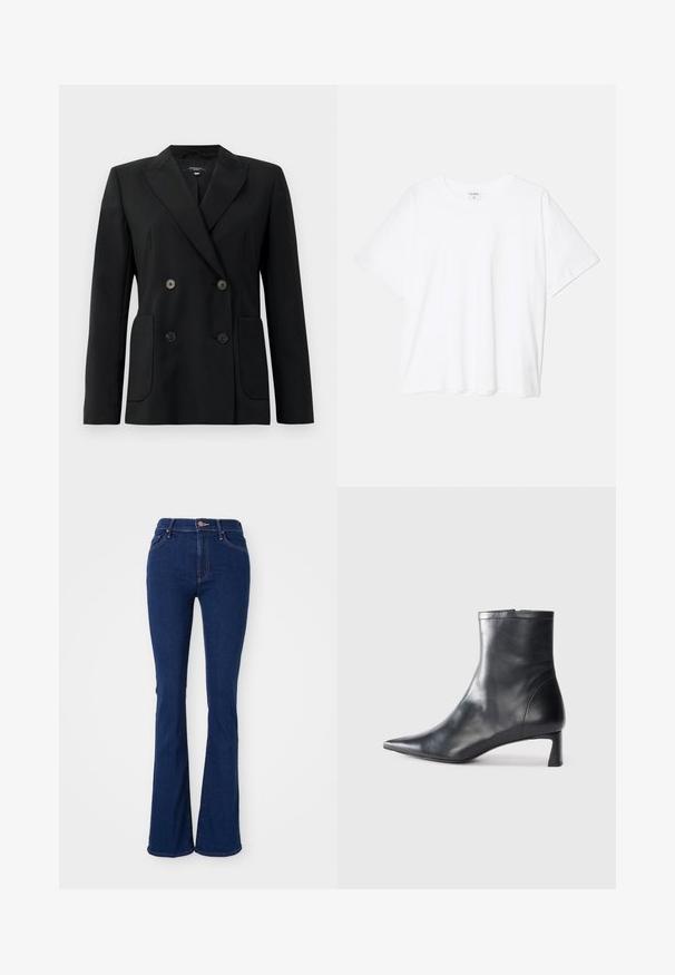 Melnā dubultā jaciņa, kas izgatavota no strukturēta auduma, ar griezumiem pie apkakles, divām priekšējām kabatām un četriem melniem pogām.; Balta kokvilnas T-krekls ar īsām piedurknēm, apaļu dekoltē, brīva piegriezuma un šūtu apakšmalu. Etiķete redzama iekšējā kakla daļā.; Platas tumšzilas džinsi no kokvilnas denima, ar augstu jostasvietu, piecām kabatām, smalkiem šuvju detaļām un gludu apdari.; Melnas ādas potītes zābaki ar norādītu pirkstu un elegantu dizainu. Iezīmē zemu papēdi un rāvējslēdzēja aizdari aizmugurē. Gluda tekstūra.