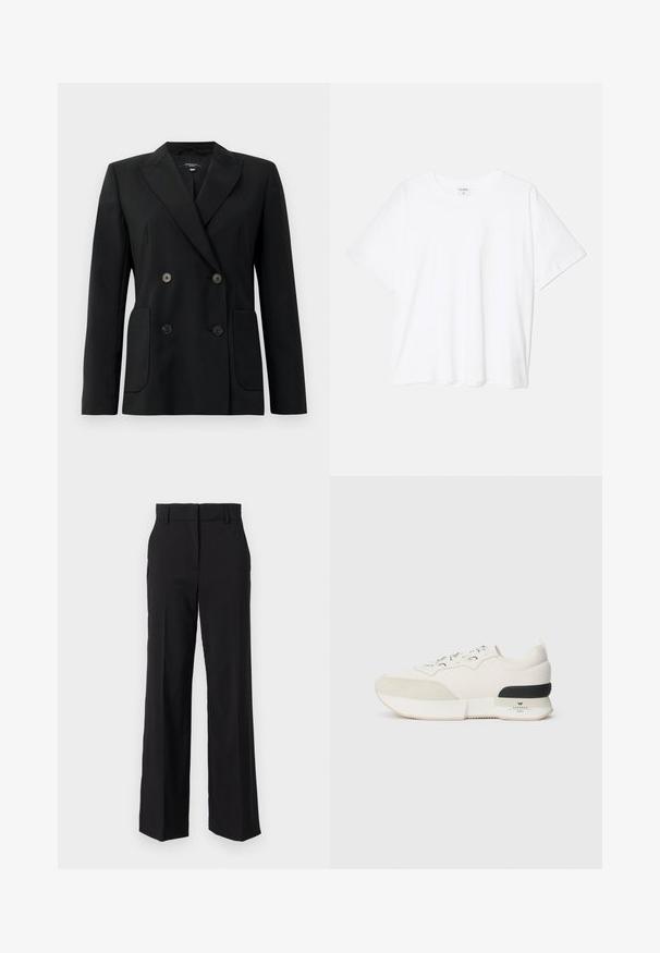 Juodas dvigubas švarkas, pagamintas iš struktūruotos medžiagos, su išpjautomis atlapomis, dviem priekinėmis kišenėmis ir taisyklingais juodais mygtukais.; Balta medvilnės marškinėliai trumpomis rankovėmis, apvalia iškirpte, laisvo kirpimo ir su siūtu kraštu. Etiketė matoma vidinėje iškirptės pusėje.; Juodos pritaikytos kelnės su tiesiu, plačiu sijonu, turinčios glotnią tekstūrą ir lygią priekį su diržo kilpomis.; Balti sportiniai bateliai su tekstūruotu zomšiniu priekiu, sklandžiu tinkliniu viršumi, dekoratyviomis raištelėmis ir juodu guminiu kulno akcentu.