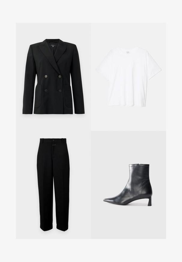Black double-breasted blazer made of structured fabric, featuring notch lapels, two front pockets, and four black buttons.; White cotton t-shirt with short sleeves, round neckline, relaxed fit, and stitched hem. Label visible on the inside neck.; Black trousers made from a smooth fabric, featuring a button closure, belt loops, and a straight-leg design.; Black leather ankle boot with a pointed toe and a sleek design. Features a low heel and a zipper closure at the back. Smooth texture.