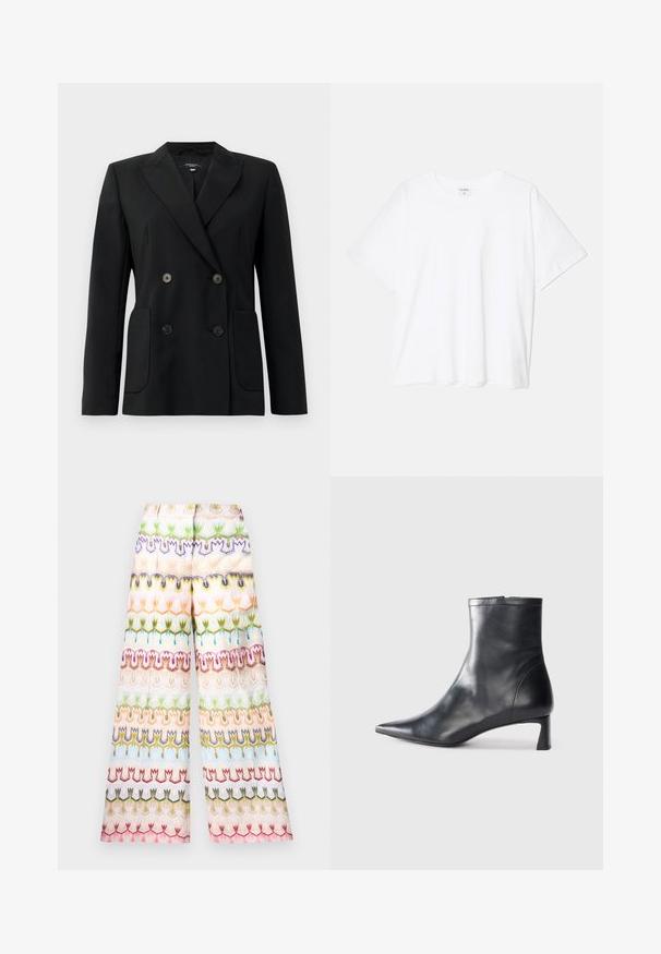 Black double-breasted blazer made of structured fabric, featuring notch lapels, two front pockets, and four black buttons.; White cotton t-shirt with short sleeves, round neckline, relaxed fit, and stitched hem. Label visible on the inside neck.; Missoni TROUSERS - Trousers - multicoloured; Black leather ankle boot with a pointed toe and a sleek design. Features a low heel and a zipper closure at the back. Smooth texture.
