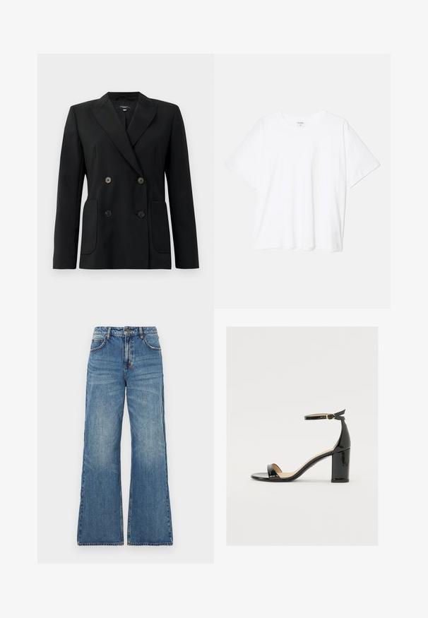 Juodas dvigubas švarkas, pagamintas iš struktūruotos medžiagos, su išpjautomis atlapomis, dviem priekinėmis kišenėmis ir taisyklingais juodais mygtukais.; Balta medvilnės marškinėliai trumpomis rankovėmis, apvalia iškirpte, laisvo kirpimo ir su siūtu kraštu. Etiketė matoma vidinėje iškirptės pusėje.; Šviesiai mėlyni džinsai su aukštu liemeniu, plačiomis išsiplėtusiomis kojomis ir klasikinio penkių kišenių dizainu. Išblukusi tekstūra su matomais siūlių detalėmis.; Juodas lakinės odos sandalai su plačiu kulnu, atvira koja ir kulkšnies juostele, turinčia auksinę sagtį. Lygi tekstūra ir elegantiškas dizainas.