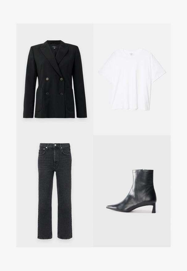 Černý dvouřadý blazer vyrobený z pevných tkanin, s klopovými límci, dvěma předními kapsami a čtyřmi černými knoflíky.; Bílý bavlněný tričko s krátkým rukávem, kulatým výstřihem, volným střihem a šitým lemem. Nálepka viditelná na vnitřní straně výstřihu.; Tmavě šedé džínové kalhoty se střihm rovného střihu, vybavené předními kapsami, zapínáním na jeden knoflík a viditelnými detaily švů.; Černé kožené kotníkové boty s špičatou špičkou a elegantním designem. Mají nízký podpatek a zipové zapínání na zadní straně. Hladká textura.