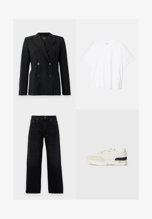 Juodas dvigubas švarkas, pagamintas iš struktūruotos medžiagos, su išpjautomis atlapomis, dviem priekinėmis kišenėmis ir taisyklingais juodais mygtukais.; Balta medvilnės marškinėliai trumpomis rankovėmis, apvalia iškirpte, laisvo kirpimo ir su siūtu kraštu. Etiketė matoma vidinėje iškirptės pusėje.; Juodi tiesaus kirpimo džinsai su priekinėmis kišenėmis, diržo kilpelėmis ir sagčių uždarymu, pateikti prieš vienodą šviesiai pilką foną.; Balti sportiniai bateliai su tekstūruotu zomšiniu priekiu, sklandžiu tinkliniu viršumi, dekoratyviomis raištelėmis ir juodu guminiu kulno akcentu.