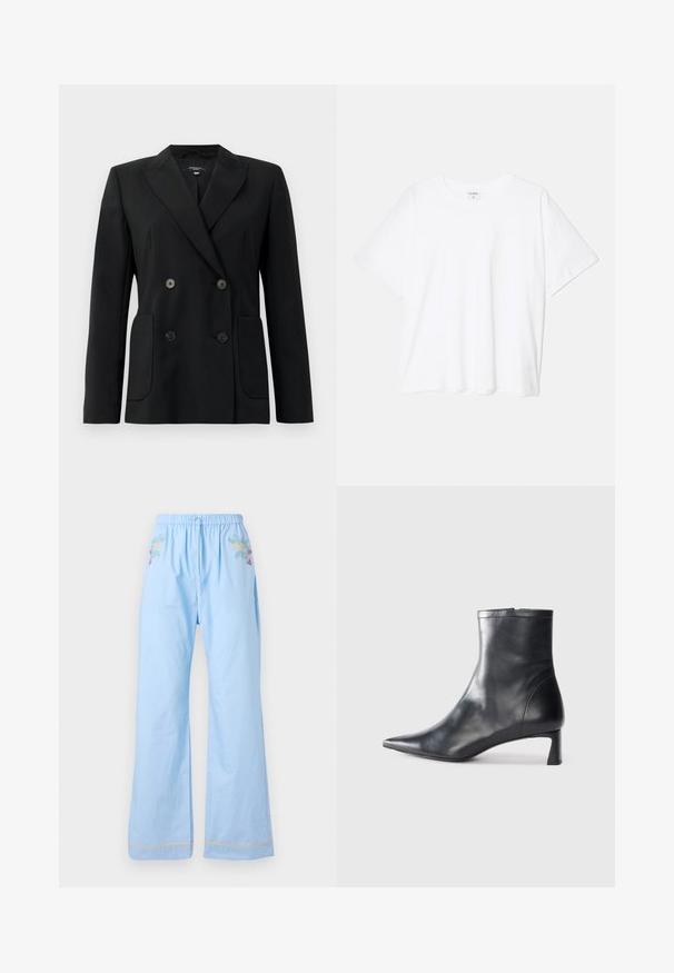 Fekete, kétsoros zakó, amely strukturált anyagból készült, kihajtott gallérral, két elülső zsebbel és négy fekete gombbal rendelkezik.; Fehér pamut póló rövid ujjal, kerek nyakkivágással, laza fazonnal és varrott szegéllyel. Címke látható a belső nyakrészén.; Világoskék pamut nadrág elasztikus derékkal, virágmintás hímzéssel az elején és kontrasztos díszítéssel az alján.; Fekete bőr bokacsizma hegyes orral és letisztult dizájnnal. Alacsony sarka és hátsó cipzáras záródása van. Simának tűnő textúra.