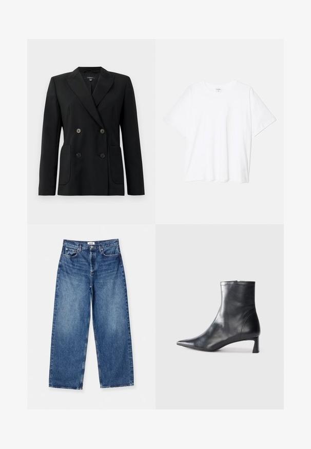 Blazer preto de dupla face feito de tecido estruturado, apresentando lapelas com corte em notch, dois bolsos frontais e quatro botões pretos.; T-shirt de algodão branco com mangas curtas, decote redondo, corte descontraído e bainha cosida. Etiqueta visível no interior do pescoço.; Jeans de perna larga azul claro feitos de denim, com um clássico design de cinco bolsos, costura visível e uma cintura de altura média.; Bota de tornozelo em pele preta com biqueira apontada e um design elegante. Apresenta um salto baixo e um fecho com zipper na parte de trás. Textura suave.