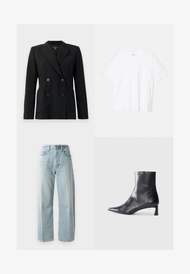 Blazer preto de dupla face feito de tecido estruturado, apresentando lapelas com corte em notch, dois bolsos frontais e quatro botões pretos.; T-shirt de algodão branco com mangas curtas, decote redondo, corte descontraído e bainha cosida. Etiqueta visível no interior do pescoço.; Jeans de perna larga, de cor azul clara, feitos de denim. Apresentam uma cintura alta, dois bolsos frontais e uma perna reta com um leve desbotamento no tecido.; Bota de tornozelo em pele preta com biqueira apontada e um design elegante. Apresenta um salto baixo e um fecho com zipper na parte de trás. Textura suave.