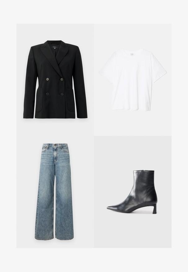 Blazer noir croisé en tissu structuré, avec des revers en pointe, deux poches avant et quatre boutons noirs.; T-shirt en coton blanc avec des manches courtes, un col rond, une coupe décontractée et un ourlet cousu. Étiquette visible à l'intérieur du col.; Jean large de couleur bleu clair en denim, présentant une taille haute, une texture délavée, un design à cinq poches et des coutures contrastantes.; Bottine en cuir noir avec un bout pointu et un design épuré. Présente un petit talon et une fermeture éclair à l'arrière. Texture lisse.