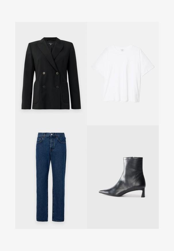 Blazer negru cu două rânduri de nasturi, realizat dintr-un material structurat, având rever cu decupaj, două buzunare frontale și patru nasturi negri.; Tricou alb din bumbac, cu mâneci scurte, guler rotund, croi lejer și tiv cusut. Eticheta este vizibilă pe interiorul gulerului.; Jeans din denim de culoare albastru închis, cu o croială clasică dreaptă, cinci buzunare și cusături vizibile. Materialul are o ușoară textură.; Cizmă de gleznă din piele neagră cu vârf ascuțit și un design elegant. Dispune de un toc mic și de o închidere cu fermoar la spate. Textură netedă.