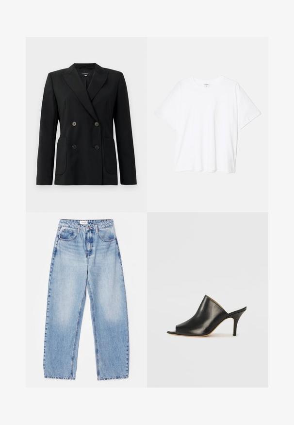 Schwarzer, doppelt gefütterter Blazer aus strukturiertem Stoff, mit Reverskragen, zwei Vordertaschen und vier schwarzen Knöpfen.; Weißes Baumwoll-T-Shirt mit kurzen Ärmeln, runder Halslinie, lockerer Passform und genähtem Saum. Etikett sichtbar am inneren Kragen.; FRAME LONG BARREL - Jeans Relaxed Fit - light-blue; Schwarze Leder- offene Zehen-Mules mit einem eleganten, geschwungenen Design, hohem Stiletto-Absatz und glatter Textur. Das Innere weist eine kontrastierende hellere Farbe auf.