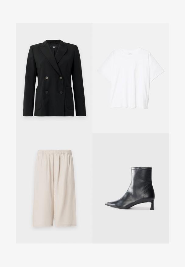 Black double-breasted blazer made of structured fabric, featuring notch lapels, two front pockets, and four black buttons.; White cotton t-shirt with short sleeves, round neckline, relaxed fit, and stitched hem. Label visible on the inside neck.; Beige shorts made from lightweight fabric, featuring an elastic waistband, knee-length cut, and smooth texture. Simple design with no patterns.; Black leather ankle boot with a pointed toe and a sleek design. Features a low heel and a zipper closure at the back. Smooth texture.