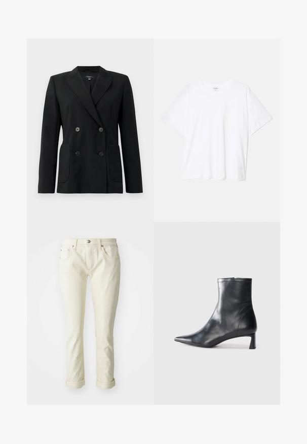 Black double-breasted blazer made of structured fabric, featuring notch lapels, two front pockets, and four black buttons.; White cotton t-shirt with short sleeves, round neckline, relaxed fit, and stitched hem. Label visible on the inside neck.; Beige denim jeans with a fitted design, featuring five pockets, a zip fly, and rolled cuffs for a cropped finish.; Black leather ankle boot with a pointed toe and a sleek design. Features a low heel and a zipper closure at the back. Smooth texture.