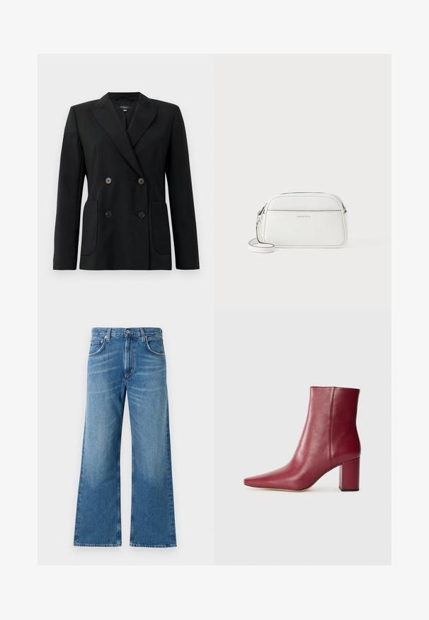 Mustvalge topeltkinnitatud bleiser, mis on valmistatud jäigast kangast, millel on kraed, kaks esist pocketit ja neli musta nööpi.; Valge puuvillane T-särk lühikeste varrukatega, ümmargune kaelus, mugav lõige ja õmmeldud serv. Silt nähtav kaela seest.; Sinised laiad teksapüksid viie taskuga, nupuga sulgemine ja peened pleekinud detailid ees ja jalgadel.; Burgundi värvi nahast pahkliku saapad, millel on terav varvas, plokknükk ja siletekstuur, esitledes sujuvat disaini ilma nähtava riistvarata.; Valge nahast õlakott, ristküliku kuju, sile tekstuur, lukuga sulgemine, reguleeritav rihm, minimalistlik disain embosseeritud logoga.