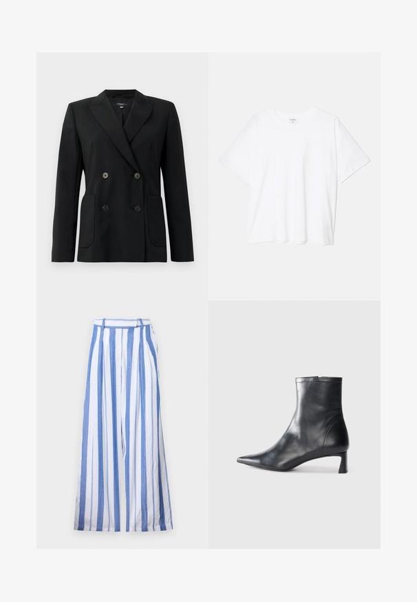 Svart dubbelknäppt blazer i strukturerad tyg, med snedskärning på slag, två framfickor och fyra svarta knappar.; Vit bomull t-shirt med kort ärm, rund halsringning, avslappnad passform och söm i nederkant. Etikett synlig på insidan av halsen.; MILLE CARA PANT - Tygbyxor - nantucket; Svart läder ankelboot med spetsig tå och en smidig design. Har en låg klack och en dragkedjestängning bak. Slät textur.