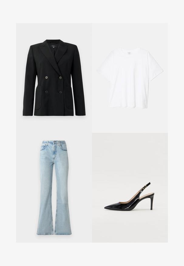 Črn dvoredni blazer iz strukturirane tkanine, z ovratnikom tipa notch, dvema sprednjima žepoma in štirimi črnimi gumbi.; Bela bombažna majica s kratkimi rokavi, okroglim izrezom, sproščenim krojem in šivanim robom. Oznaka vidna na notranji strani izreza.; Svetlo modri traper flared jeans z visoko pasom, ki imajo sprednje žepke, gumb za zapiranje in rahlo obrabljen videz.; Črne lakirane slingback čevlje z izostrenim nosom, ozkim peto in subtilnim izrezom. Na traku je zlata sponka.