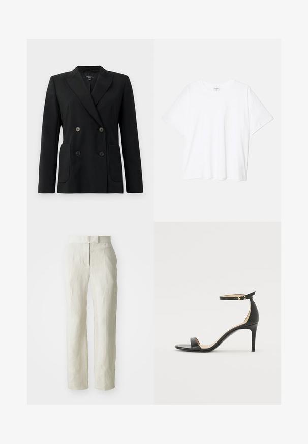 Blazer noir croisé en tissu structuré, avec des revers en pointe, deux poches avant et quatre boutons noirs.; T-shirt en coton blanc avec des manches courtes, un col rond, une coupe décontractée et un ourlet cousu. Étiquette visible à l'intérieur du col.; Pantalons en lin blancs avec une coupe ajustée, présentant un devant plat et des jambes droites. Texture lisse avec un léger détail de plis.; Sandale à talons hauts en cuir noir avec une lanière de cheville. Présente une texture lisse, un bout ouvert et un talon fin. Détail de boucle en ton doré.