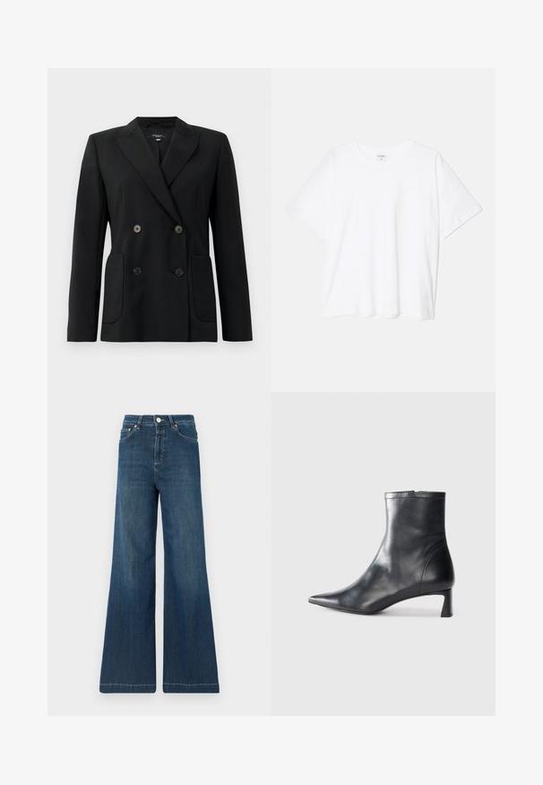 Čierny dvojradový blejzer vyrobený z pevnej látky, s klopami, dvoma prednými vreckami a štyrmi čiernymi gombíkmi.; Biely bavlnený tričko s krátkymi rukávmi, okrúhlym výstrihom, voľným strihom a prešitým lemom. Štítok viditeľný na vnútornom krku.; Džíny s širokými nohavicami v tmavomodrom denime, so zvýšeným pásom, mediálnym kovovým spracovaním a jemným opotrebovaním. Čistý lem bez ďalších vzorov.; Čierne kožené členkové topánky s špicatou špičkou a elegantným dizajnom. Majú nízky podpätok a zips na zadnej strane. Hladká textúra.