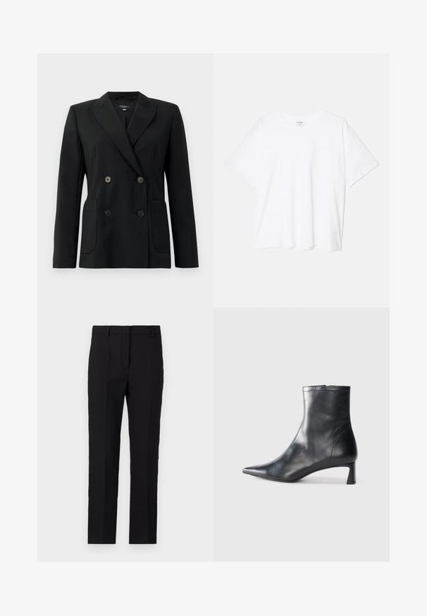 Black double-breasted blazer made of structured fabric, featuring notch lapels, two front pockets, and four black buttons.; White cotton t-shirt with short sleeves, round neckline, relaxed fit, and stitched hem. Label visible on the inside neck.; Black trousers with a tailored fit, featuring a straight leg design, side pockets, and a smooth fabric texture.; Black leather ankle boot with a pointed toe and a sleek design. Features a low heel and a zipper closure at the back. Smooth texture.