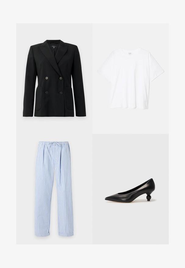 Czarna podwójnie zapinana marynarka z wytrzymałego materiału, z klapami w kształcie klina, dwiema przednimi kieszeniami i czterema czarnymi guzikami.; Biała bawełniana koszulka z krótkim rękawem, okrągłym dekoltem, luźnym krojem i przeszytym brzegiem. Metka widoczna wewnątrz dekoltu.; Jasnoniebieskie i białe pasiaste spodnie od piżamy z elastycznym paskiem, charakteryzujące się luźnym krojem i podwiniętymi nogawkami. Wykonane z miękkiego, lekkiego materiału.; Czarna skórzana szpilka z ostrym czubkiem i okrągłym, kulistym obcasem. Gładka tekstura z eleganckim, minimalistycznym wzornictwem.