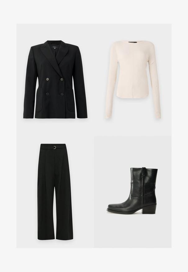 Črn dvoredni blazer iz strukturirane tkanine, z ovratnikom tipa notch, dvema sprednjima žepoma in štirimi črnimi gumbi.; Dolga majica v svetlo bež barvi s okroglim izrezom. Narejena iz mehkega materiala, ima osrednji šiv in rahlo ukrivljen rob. Ni vidnih elementov.; Črne široke hlače iz gladkega materiala, z pasom z enim srebrnim sponko, z gubami spredaj in ravnim robom.; Črne usnjene gležnjarje z zaobljenim nosom, blok peto, stransko zadrgo in šivanjem na vampu. Gladka tekstura, klasična zasnova.