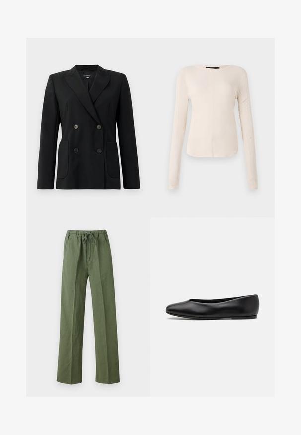 Blazer preto de dupla face feito de tecido estruturado, apresentando lapelas com corte em notch, dois bolsos frontais e quatro botões pretos.; Camisola de mangas longas, bege claro, com decote redondo. Feita de um tecido macio, apresenta uma costura central e uma bainha ligeiramente curva. Sem ferragens visíveis.; Calças verdes, largas e confortáveis, feitas de um material leve, com uma cintura elástica com cordão e bolsos laterais.; Paul Smith TOPANGA - Sabrinas - black