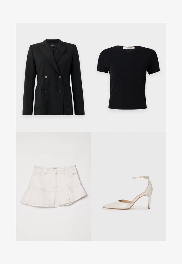Čierny dvojradový blejzer vyrobený z pevnej látky, s klopami, dvoma prednými vreckami a štyrmi čiernymi gombíkmi.; Čierne tričko s krátkym rukávom a výstrihom do V, vyrobené z hladkej, elastickej textílie. Má jednoduchý, klasický strih bez zdobenia.; Biely denim sukňa s priliehavým pásom a rozšíreným plisovaným lemom. Obsahuje predné vrecká a malý detail loga na páse.; Biele kožené topánky na vysokom podpätku s špicatou špičkou, remienkom okolo členka a štíhlym stiletto podpätkom. Hladký povrch s jemným lesklým povrchom.