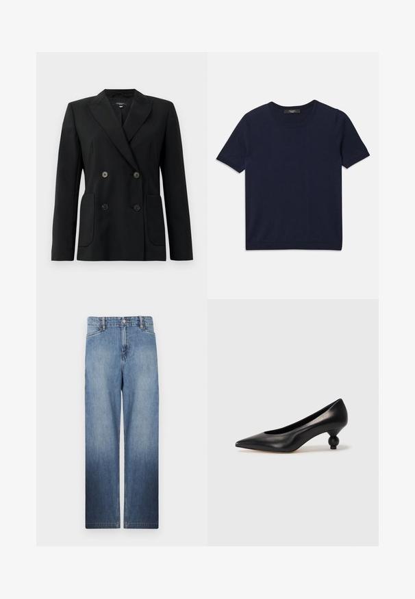 Schwarzer, doppelt gefütterter Blazer aus strukturiertem Stoff, mit Reverskragen, zwei Vordertaschen und vier schwarzen Knöpfen.; Dunkelblaues Kurzarm-T-Shirt aus weichem Stoff, mit rundem Ausschnitt und gerippten Kanten, glatter Textur und ohne sichtbare Muster.; Hellblaue, gerade geschnittene Denim-Jeans mit einem Ausbleich-Effekt, fünf Taschen und Metallknopfverschluss an der Taille.; Schwarze Leder-Pumps mit spitzem Zehenbereich und runder, ballförmiger Ferse. Glatte Textur mit einem eleganten, minimalistischen Design.