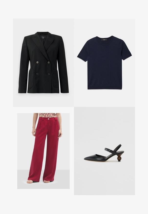 Čierny dvojradový blejzer vyrobený z pevnej látky, s klopami, dvoma prednými vreckami a štyrmi čiernymi gombíkmi.; Námornícka modrá polokošeľa krátky rukáv vyrobená z mäkkej látky, s okrúhlym výstrihom a rebrovanými okrajmi, hladkou textúrou a bez viditeľných vzorov.; Široké červené nohavice vyrobené z mäkkej tkaniny. Obsahujú zapínanie na gombík a záhyby vpredu. Hladká textúra s uvoľneným strihom.; Čierna kožená slingback obuv s špicatou špičkou, zakriveným dizajnom a okrúhlou drevokatou pätou. Obsahuje úzky popruh okolo členka.