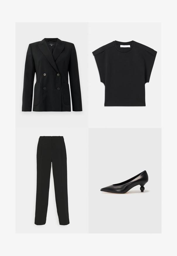 Zwarte dubbelgebreide blazer van gestructureerde stof, met notch revers, twee voord pockets en vier zwarte knopen.; Zwarte korte mouw top met een ronde halslijn en schouderdetails, plat gelegd op een witte achtergrond.; Zwarte op maat gemaakte broek met een recht model, kenmerkend door een hoge taille, plooien en een gladde stoftextuur.; Zwarte leren hoge hak schoen met een spitse neus en een ronde, bolle hak. Gladde textuur met een elegant, minimalistisch ontwerp.
