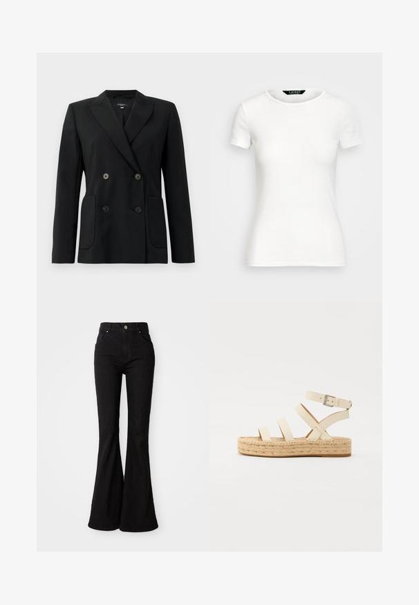 Blazer nero doppiopetto realizzato in tessuto strutturato, con rever a forma di pescante, due tasche frontali e quattro bottoni neri.; T-shirt bianco in cotone con maniche corte, collo rotondo, design aderente e texture liscia. Etichetta del logo sul collo.; Jeans neri a palazzo in denim, con vita alta, chiusura a bottone e design classico a cinque tasche. Texture liscia e colore uniforme.; Sandalo espadrille in pelle beige chiaro con quattro cinghie incrociate e fibbia alla caviglia, dotato di una suola piatta in gomma e di una zeppa in juta intrecciata.