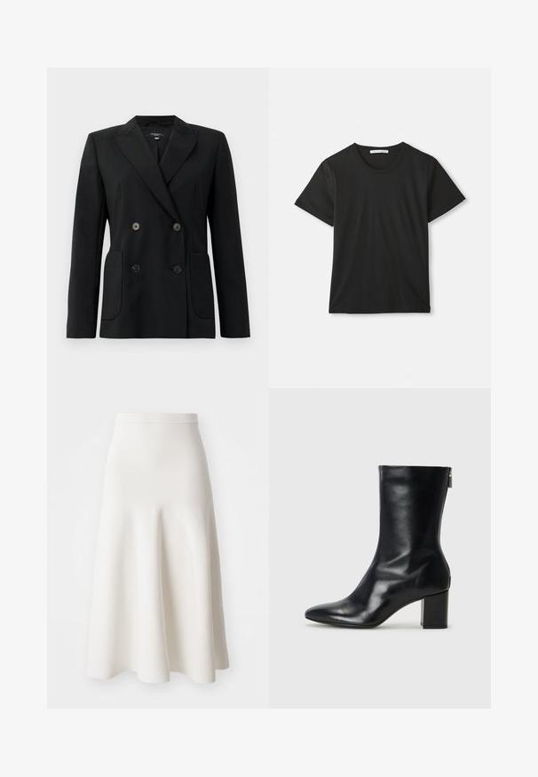 Blazer noir croisé en tissu structuré, avec des revers en pointe, deux poches avant et quatre boutons noirs.; T-shirt en coton noir à manches courtes et col ras du cou, posé à plat sur un fond blanc avec une étiquette de marque visible à l'intérieur du col.; Une jupe blanche en forme de A, fabriquée dans un tissu lisse, avec une taille ajustée et une silhouette évasée qui descend doucement jusqu'au mi-mollet.; Bottine en cuir noir avec un bout pointu et un talon carré de 4 cm. Design élégant avec une fermeture éclair sur le côté pour un enfilage facile. Texture lisse.