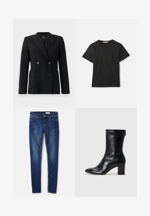 Mustvalge topeltkinnitatud bleiser, mis on valmistatud jäigast kangast, millel on kraed, kaks esist pocketit ja neli musta nööpi.; Must lühikeste varrukatega T-särk ümmarguse kaelusega ja pehmest puuvillast kangast. Lihtne disain ilma mustrite või logodeta, klassikalise lõikega.; Tumedat sinised teksad slim fit lõikega, viie taskuga ja tagasihoidlike õmblusdetailidega. Sile tekstuur klassikalise sirge jala disainiga.; Must musta ankle boot teravaid varvastega ja 4 cm plokknõela. Suurepärase disainiga, millel on külgrihm lihtsaks läbi panemiseks. Sile tekstuur.