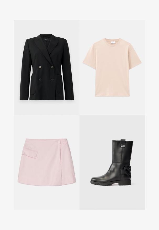 Black double-breasted blazer made of structured fabric, featuring notch lapels, two front pockets, and four black buttons.; Short-sleeve t-shirt in light beige, made of soft cotton. Round neckline, relaxed fit, with straight hem and no patterns or graphics.; Pink linen mini skirt with a curved hem, side pocket, and a single button closure on the waistband. Smooth texture and simple design.; Black mid-calf leather boot with lug sole, "Love Moschino" label near top, and heart-shaped embellishment on outer side near heel.