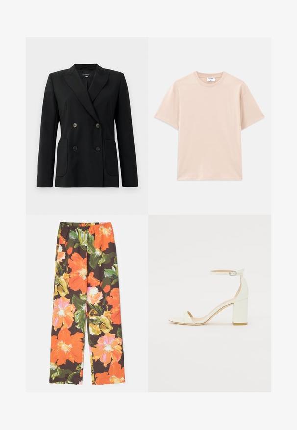 Blazer negru cu două rânduri de nasturi, realizat dintr-un material structurat, având rever cu decupaj, două buzunare frontale și patru nasturi negri.; Tricou cu mânecă scurtă, de culoare bej deschis, realizat din bumbac moale. Gât rotund, croială lejeră, cu tiv drept și fără modele sau grafice.; Stine Goya FATOU STRUCTURE STRETCH - Pantaloni - summer night; Sandal din piele albă cu toc bloc, având o curea la glezna cu cataramă și un design minimalist. Vârf deschis și texturi netede pe întreaga suprafață.
