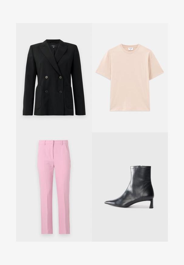 Crni dvostruki sako od čvrstog materijala, s reverima, dva prednja džepa i četiri crna dugmeta.; Majica s kratkim rukavima u svijetlo bež boji, izrađena od mekanog pamuka. Okrugli izrez, ležeran kroj, s ravnim rubom i bez uzoraka ili grafike.; Ružičaste krojene hlače s glatkom teksturom, s pojasom srednje visine, dva prednja nabora i ravnim krojem nogavica. Nema vidljivih džepova.; Crne kožne gležnjače s uskim vrhom i elegantnim dizajnom. Imaju niski potpetak i zatvaranje na patentni zatvarač straga. Glatka tekstura.