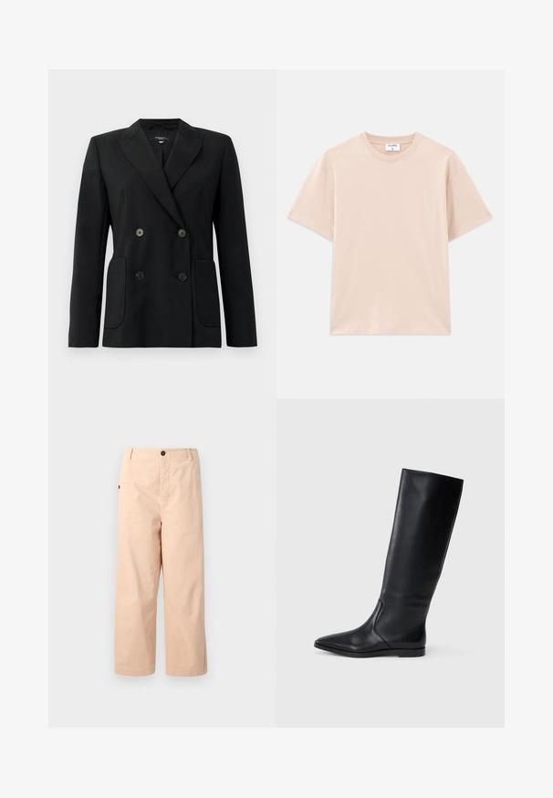 Black double-breasted blazer made of structured fabric, featuring notch lapels, two front pockets, and four black buttons.; Short-sleeve t-shirt in light beige, made of soft cotton. Round neckline, relaxed fit, with straight hem and no patterns or graphics.; Beige cotton cropped trousers with a straight fit, featuring a single button at the waist and side pockets. Smooth texture with no patterns.; Black leather knee-high boot with a pointed toe and minimal design. Smooth texture and flat sole, featuring discreet side stitching details.