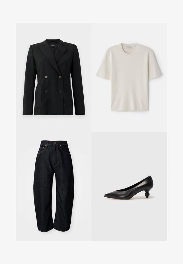 Black double-breasted blazer made of structured fabric, featuring notch lapels, two front pockets, and four black buttons.; Cream short-sleeve t-shirt with a round neckline, made from soft material, featuring a straight cut and minimal detailing.; Dark denim jeans with a relaxed fit, featuring subtle orange stitching, front pockets, and a flat waistband with a button closure.; Black leather high heel shoe with a pointed toe and a round, balled heel. Smooth texture with a sleek, minimal design.