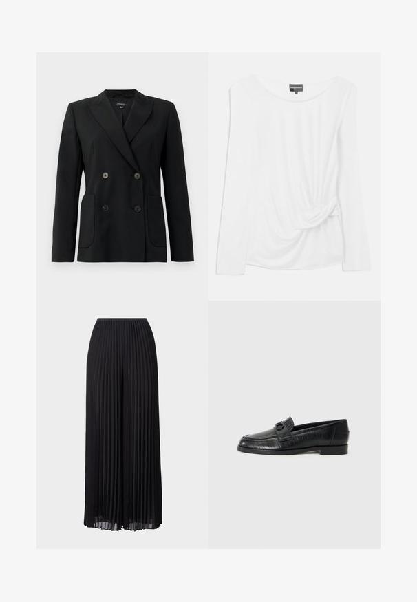 Black double-breasted blazer made of structured fabric, featuring notch lapels, two front pockets, and four black buttons.; White long-sleeve top made of soft fabric, featuring a rounded neckline and a knotted detail on the side with draped fabric.; Black pleated wide-leg trousers with an elastic waistband. Made of lightweight fabric, featuring vertical folds throughout.; Black leather loafers with a smooth upper, embossed linear pattern, and a decorative buckle accent on the vamp. Low, block heel.