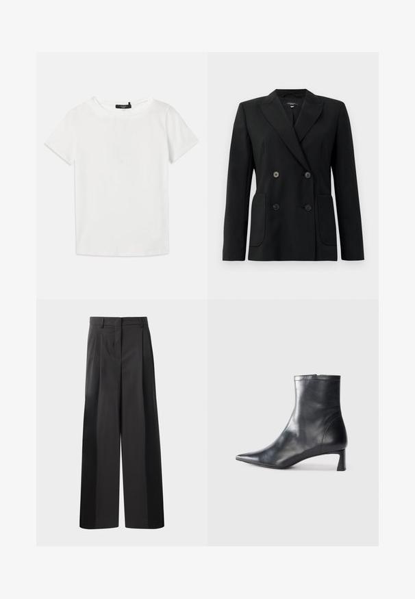 Black double-breasted blazer made of structured fabric, featuring notch lapels, two front pockets, and four black buttons.; White short-sleeve T-shirt made of soft cotton, featuring a round neckline and a straight hem, with no visible patterns or accents.; Black wide-leg trousers with a high waist, featuring front pleats, a smooth texture, and a tailored finish. Designed for a relaxed fit.; Black leather ankle boot with a pointed toe and a sleek design. Features a low heel and a zipper closure at the back. Smooth texture.