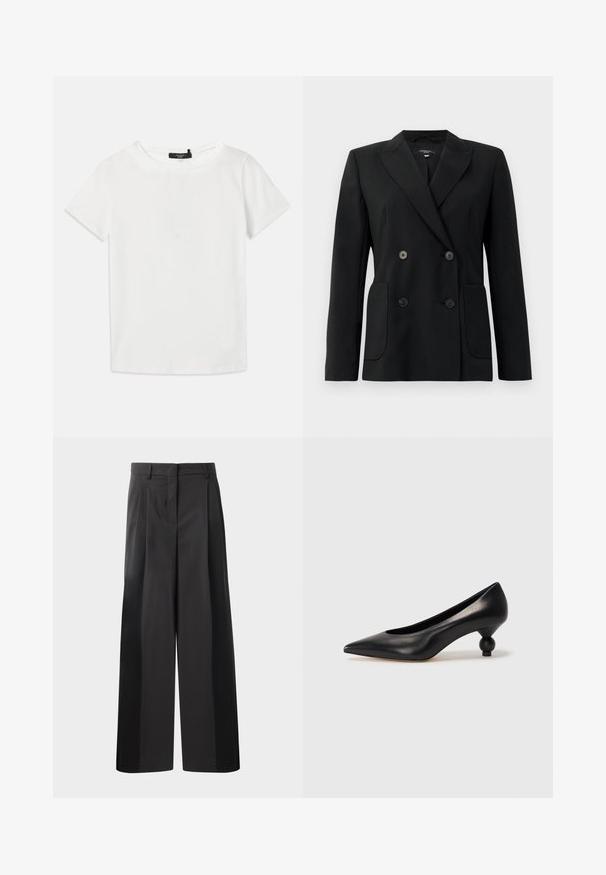 Blazer nero doppiopetto realizzato in tessuto strutturato, con rever a forma di pescante, due tasche frontali e quattro bottoni neri.; T-shirt bianco a maniche corte realizzato in cotone morbido, con scollatura rotonda e bordo dritto, senza motivi o dettagli visibili.; Pantaloni neri a gamba larga con vita alta, caratterizzati da pieghe frontali, una texture liscia e una finitura sartoriale. Progettati per un fit rilassato.; Scarpa con tacco alto in pelle nera, con punta affilata e tacco arrotondato e bombato. Texture liscia con un design elegante e minimalista.