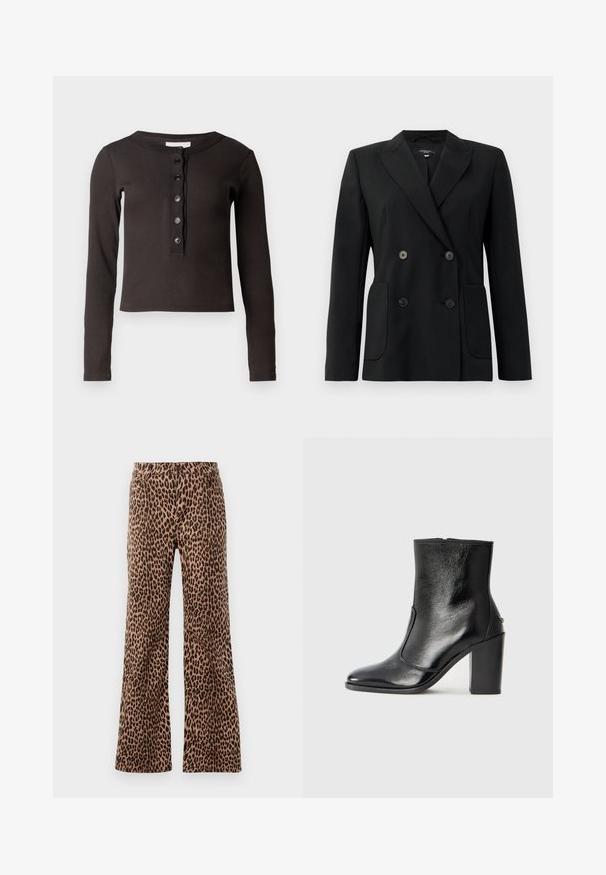 Crni dvostruki sako od čvrstog materijala, s reverima, dva prednja džepa i četiri crna dugmeta.; Tamno smeđa majica dugih rukava s rebrastom teksturom, okruglim izrezom i šest dugmadi sprijeda. Kroj je skraćen i blago prilagođen.; Hlače širokih nogavica s leopard uzorkom u bež i crnoj boji, s glatkom teksturom i suženim rubom. Dizajn s običnim pojasom i džepovima.; Crna kožna čizma do gležnjeva s glatkom teksturom, špicastim vrhom i debelim visokim potpeticama. Ima bočni otvor i minimalistički dizajn.