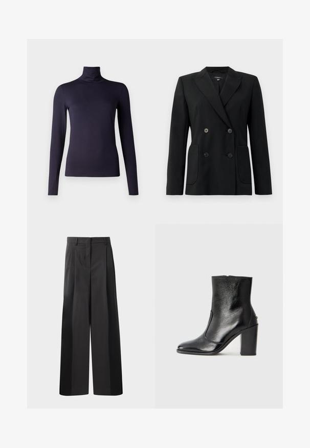 Sort dobbeltradet blazer lavet af struktureret stof, med klapkrave, to forlommer og fire sorte knapper.; Marinemarine langærmet turtleneck top lavet af glat, strækbart materiale. Tætpasende design med høj krave og uden synlige mønstre eller accenter.; Sort brede bukser med høj talje, med folder foran, en glat tekstur og en skræddermæssig finish. Designet til en afslappet pasform.; Sorte læder ankelstøvler med en glat overflade, spids tå og en chunky høj hæl. Har en sidelukning og minimalistisk design.